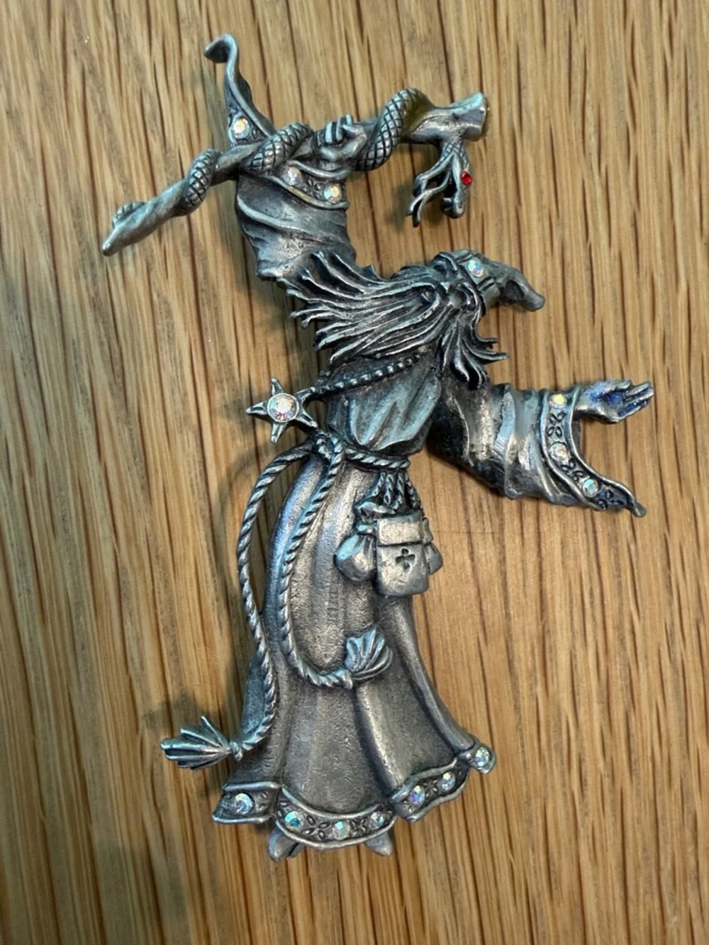 Vintage JJ Design Wizard & Serpent Staff Pewter Brooch Pin. 1980s
